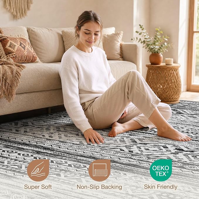 cotiled 7x9 Area Rugs Living Room Rug: Washable Boho Rugs with Non Slip Backing Large Soft Indoor Stain Resistant Carpet for Bedroom Farmhouse Dining Room Lightweight Home Decor White/Black
