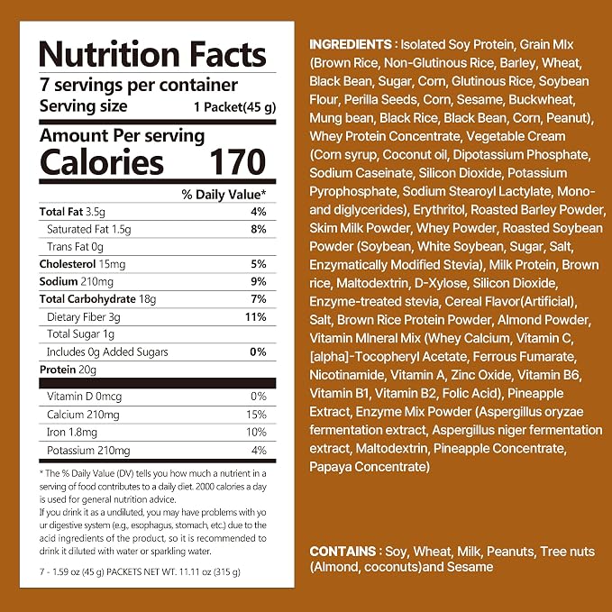 Flimeal Brown 17Grains Protein Shake, With Crunchy Protein Balls, Protein Smoothie Powder - 20g Protein, Low Sugar, Keto-Friendly Meal Replacement Shake, 1.59oz, 7packs, 7 Servings (7 Packs X 1.59 oz)