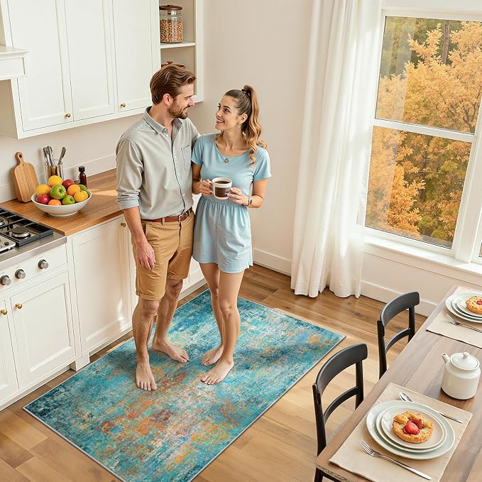 RELEANY Washable 3'x5' Abstract Area Rug for Living Room Teal Multi | carpet for bedroom, kitchen, office, hallway and entryway, printed pattern, non-slip, soft, stain-resistant, easy to clean