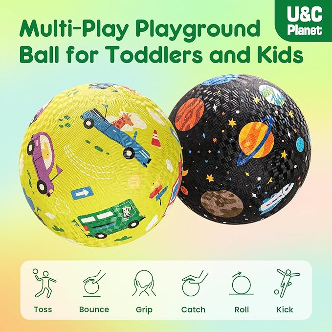 U&C Planet 2 Pack Playground Balls for Toddler Kids, 6 inch 8.5 inch Cartoon Rubber Balls with Pump, Dodgeball Kickball for Outdoor & Indoor Game, Great Gift for Boys Girls Aged 1 and Above