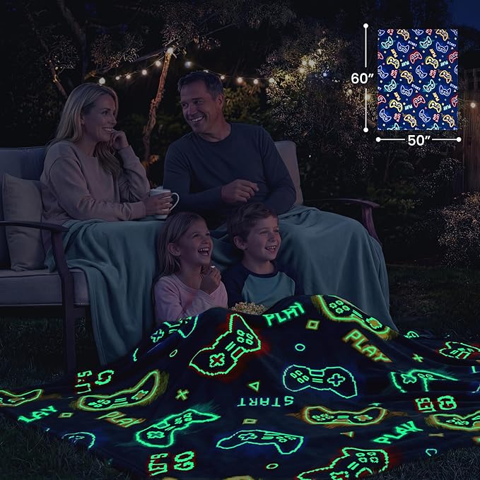 Joiedomi Glow in The Dark Gaming Blanket Gamer Gifts for Boys Age 2 3 4 5 6 7 8 9 10 11 12 Year Old, Soft Cozy Flannel Kids Throw Blanket, Birthday Bedroom Decor Dark Blue 50"×60"