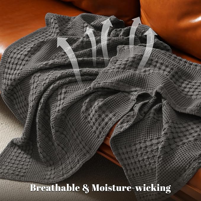 PHF 100% Cotton Waffle Blanket Twin Size, Lightweight Breathable Summer Blanket for Hot Sleepers, Pre-Washed Soft Layer for Bed, Dorm, Couch & Guest Room, Home Decor Gift, 66"x90", Charcoal Grey