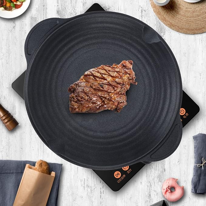 Korean BBQ Grill Pan, Round Non Stick Grilling Pan for Indoor Outdoor Barbeque, 11.4in