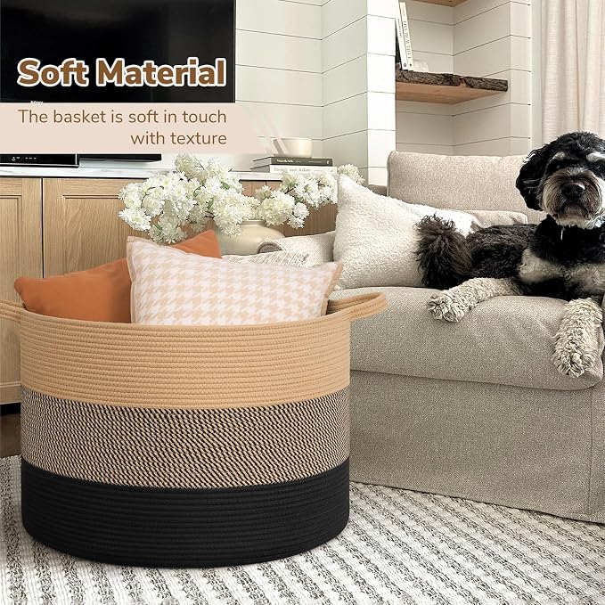 INDRESSME 115L Extra Large Woven Rope Blanket Basket Living Room | 23.6" x 15.7" Storage baskets for toys laundry & pillows. Fits living room, bedroom or nursery décor. Soft-touch with handles