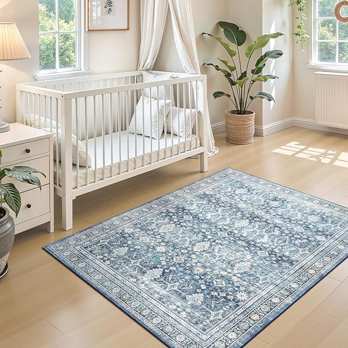 3x5 Area Rugs for Entryway, Blue Washablee Non-Slip Area Rug for Kitchen | Soft Area Rug for Dining Room Home Office Indoor Nursery, Stain Resistant, Low Pile, Vintage Boho Distressed Rug