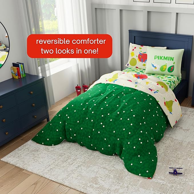 Nintendo Pikmin Video Game Kids Bedding Set, Twin Size 5 Piece Reversible Comforter and Sheet Set with Sham, (Officially Licensed Product) by Franco