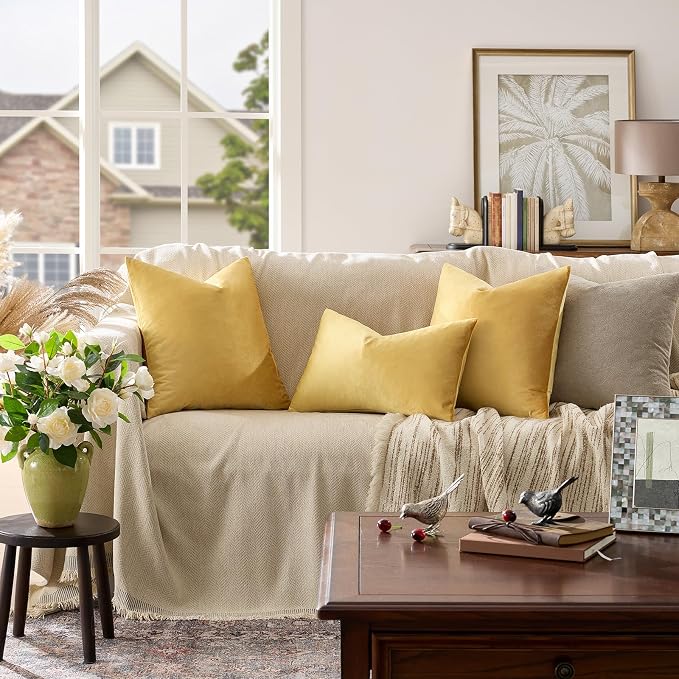 GIGIZAZA Yellow Velvet Pillow Covers 16x16 Decorative Pillows Pack of 2 | Throw Pillows for Couch Sofa,280gsm Soft Textured Fabric,Modern Square Pillowcases,Luxury Cushion Covers