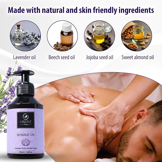 Lavender Massage Oil for Massage Therapy - Aromatherapy Scented Massage Oil for Couples- Soothing, Calming & Aromatic Body Oil - Non-Greasy & Lightweight - 250 ml