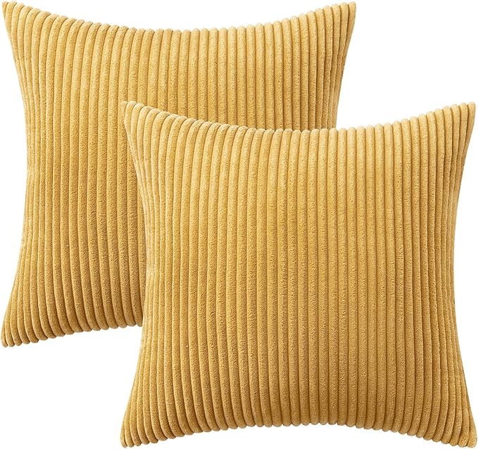 MIULEE Fall Decorative Corduroy Throw Pillow Covers Set of 2 20x20 Gold | Soft Striped Textured Cushion Cases, Boho Rustic Square Pillowcases Neutral Home Decor, for Couch Chair Sofa Bed Living Room