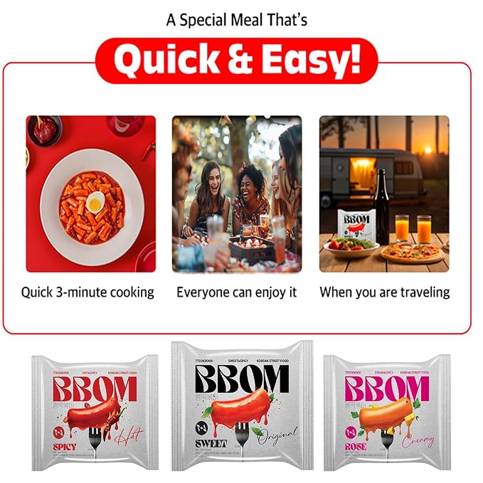 BBOM Korean Tteokbokki Rice Cake – Instant Variety Pack (Sweet, Spicy & Rose) | 3 Pouches x 5.19oz (147g)