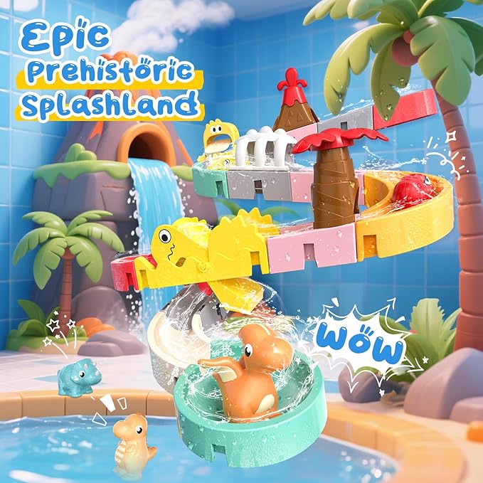 Dinosaur Bath Toys with Track & Fishing Rod – 47PCS Wall Suction Slide Playset for Toddlers, DIY Water Race Track with 6 Dino Toys, Bathtub Fun Gift for Kids Boys Girls Age 3+