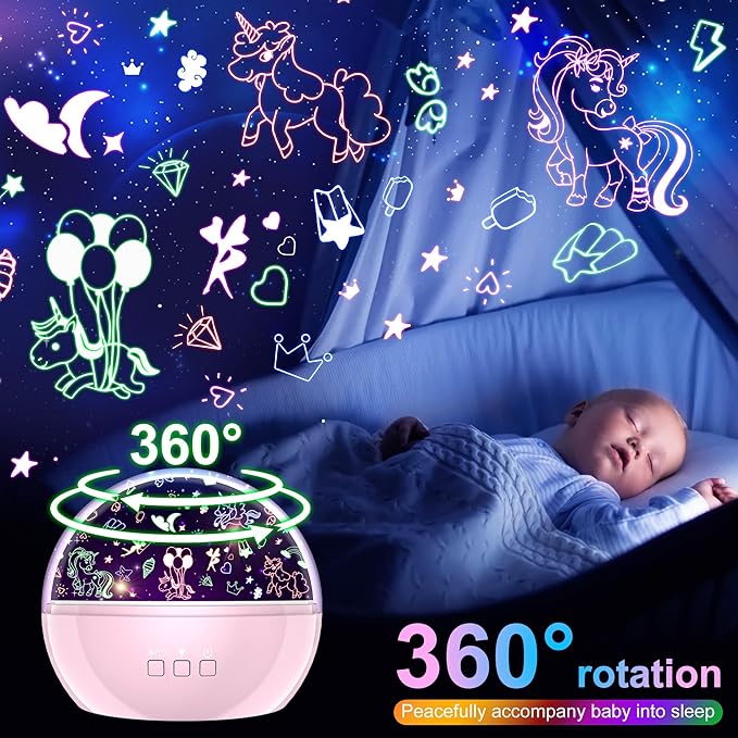 Star Projector Night Light for Kids,Baby Night Lights with Unicorn and Star Theme,360 Degree Rotation,15 Mode Color Changing,Birthday Gift Toys