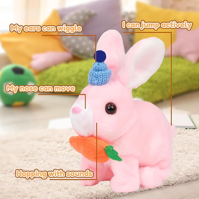 Easfan Hopping Bunny Plush Jumping Spotted Pink Rabbit with Hat Ears Nose Moving Educational Plush Toy Interactive Toy Electric for Toddlers Kids,7"