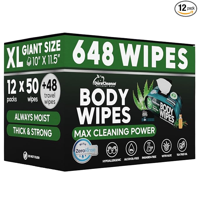 Body Wipes for Men (12pk) - 648 XL Incontinence Wipes for Adults, No Rinse Bathing Shower Sheets - 10"x11.5" Adult Disposable Washcloths - Deodorant Wash Cloths For Elder Care, Camping & After Gym