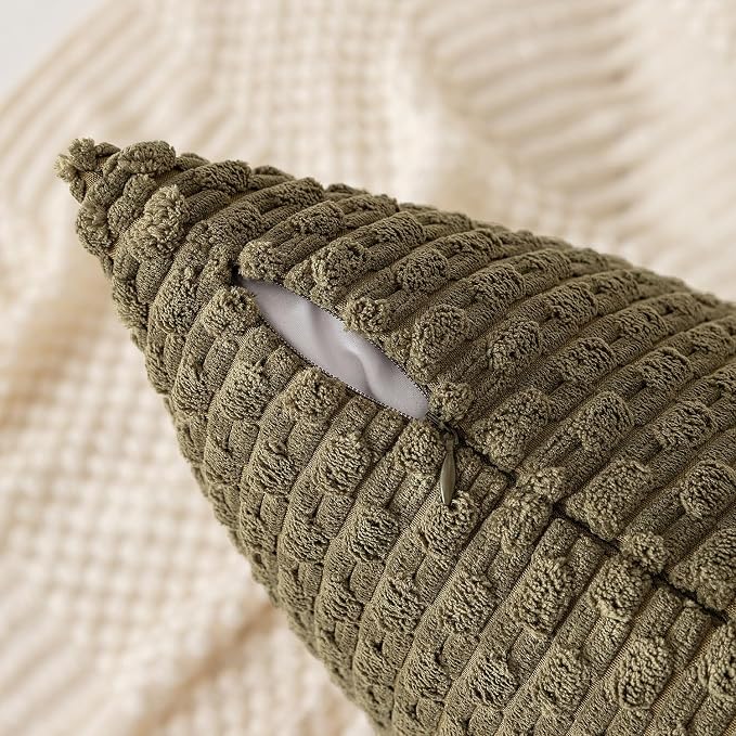 Kevin Textile Soft Corduroy 14"x24" Lumbar Pillow Cover 1 Pack, Olive Green | Boho Stripe Plush Corduroy Decorative Oblong Cushion Cover Modern Farmhouse Home Decor for Sofa Couch Bed Chair