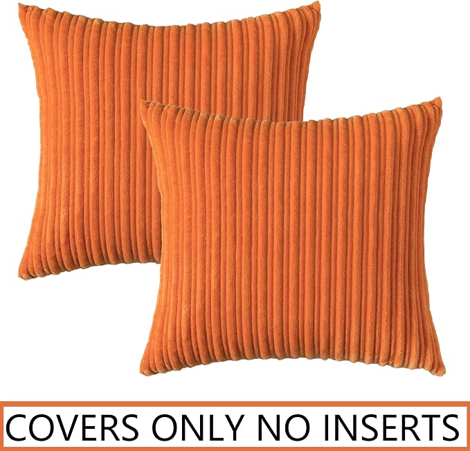 UGASA Fall Decorative Soft Velvet Stripe Pillow Covers Set of 2 Solid Corduroy Textured Euro Cushion Cases for Couch Bedroom Sofa Farmhouse, 20x20 Inch, Orange