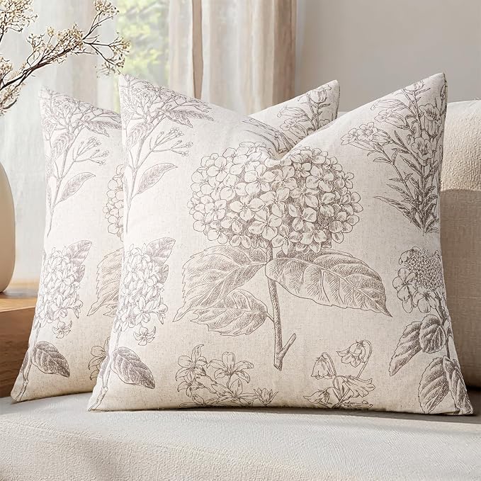Set of 2 Decorative Floral Pillow Covers 16x16 Inch Light Camel | Neutral Hydrangea Print, Boho Vintage Throw Cushion Covers, Cottagecore Home Decor, for Sofa Couch Porch Bedroom Living Room