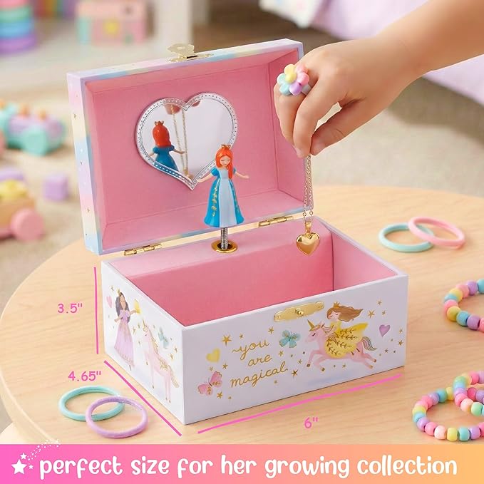 Giggle & Honey Musical Princess Jewelry Box for Girls - Kids Jewelry Box with Spinning Princess, Princess Gifts for Girls, Unicorn Toys - 6 x 4.7 x 3.5 in