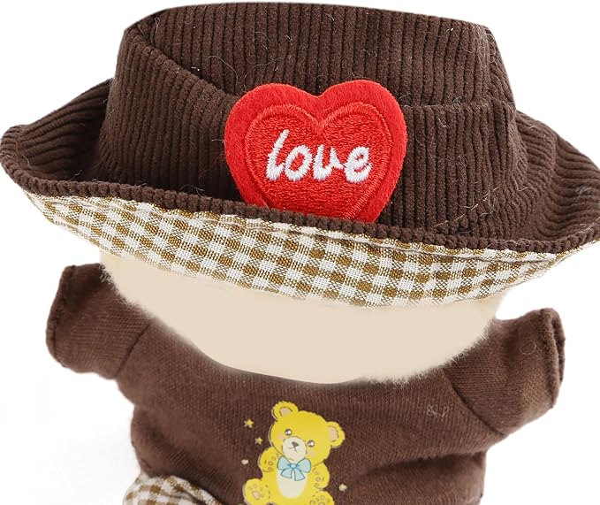 3-Piece Doll Clothes for Labubu & 17cm Dolls – Stylish Fisherman Hat Set, Kawaii Doll Outfits with Accessories for Collectors or Display - Coffee Bear (No Dolls)