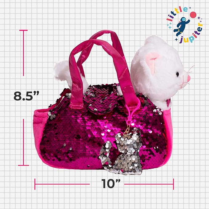 Little Jupiter Plush Pet Set with Purse - Stuffed Cat Plush Pet Carrier Set w/Reversible Sequins & Charm - (White Cat)