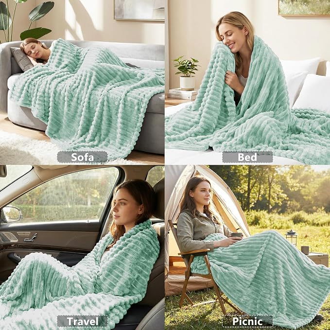 HIMEET Sage Green Full Blanket for Bed, 300GSM Ribbed Fleece, 84 x 90 in | Ultra Soft Flannel, All-Season Lightweight Warmth, Bed Layering & Home Room Decor, Gift for Men & Women, Machine Washable