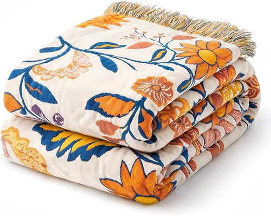 100% Cotton Boho Throw Blanket for Home Decor – Classic Farmhouse Quilt Bedding, Muslin Blankets for Adults, Vintage Woven Decorative Blanket for Couch, Bed Layering Use, Botanic Floral, 60"x80"