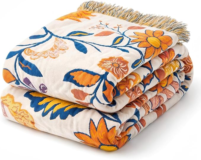 100% Cotton Boho Throw Blanket for Home Decor – Classic Farmhouse Quilt Bedding, Muslin Blankets for Adults, Vintage Woven Decorative Blanket for Couch, Bed Layering Use, Botanic Floral, 90"x90"