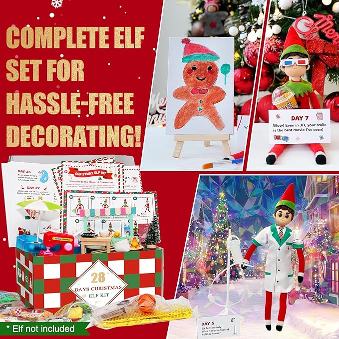28-Day Christmas Elf Kit with 28 Fun Elf Scenes, Christmas Elf Adventure Kit 2025 Elf Box Kit Elf Helper Kit with Elf Props & Elf Accessories Kit for Christmas Countdown Ideas Kit