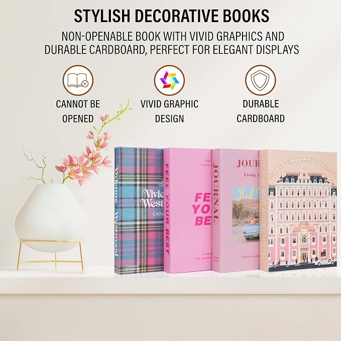 4 Pcs Decorative Books | Faux Velvet Coffee Table & Shelf Decor | Rich Moody Look for Living Room, Office and Entryway - Not Real, Tool-Free 2-Min Setup