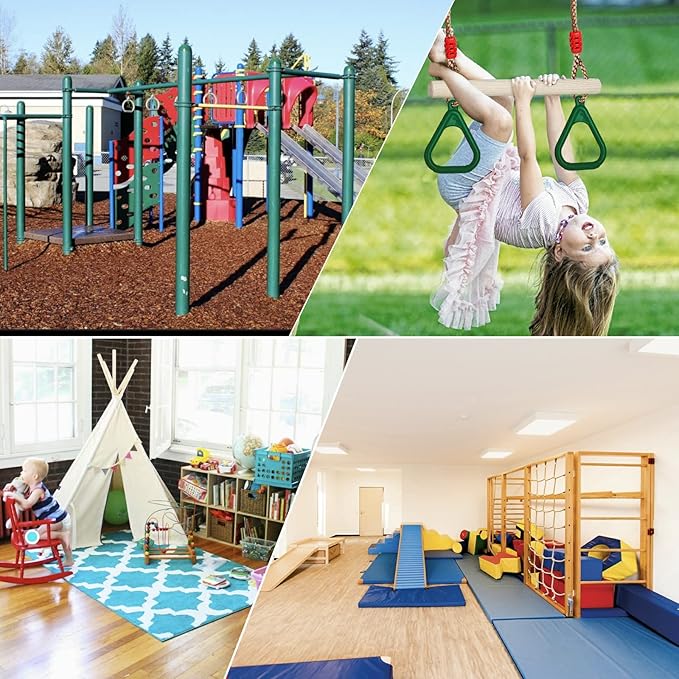 Trapeze Swing Bar with Rings, Wooden Trapeze Swing Bar with Plastic Gym Rings Adjustable Rope, Locking Straps, Outdoor Swing Set Playground Accessories for Kids (Green)