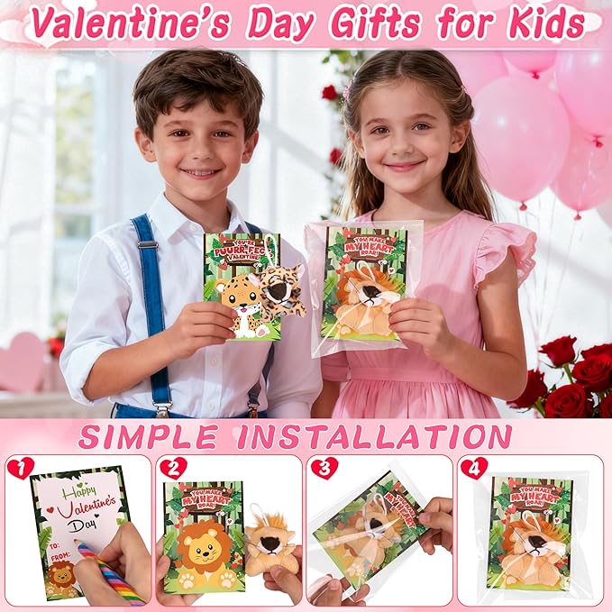 24 Pack Valentines Day Cards for Kids Classroom with Valentines Animals Plush Toys Valentines Day Gifts for Kids School Valentines for Class Exchange Cards Valentines Party Favors Prizes Girls Boys