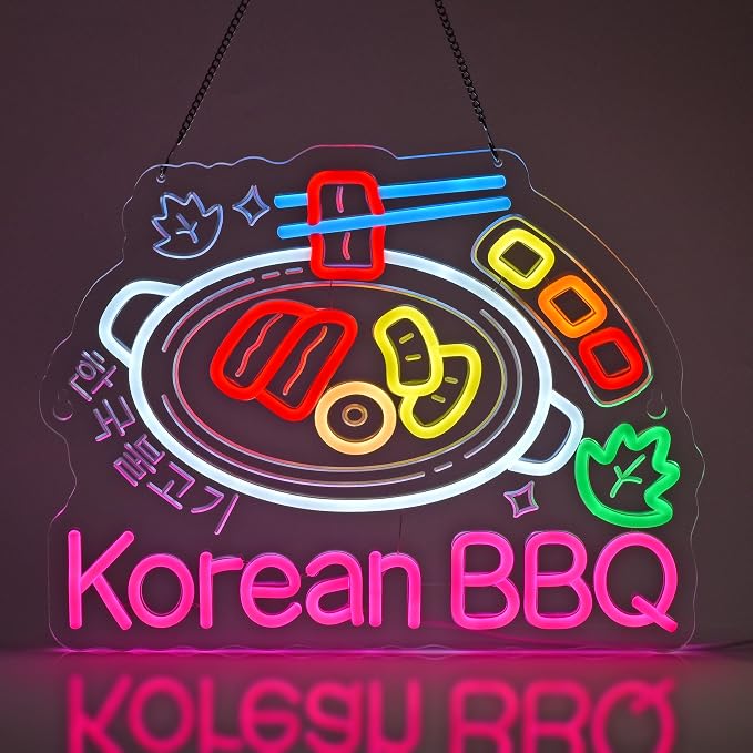Korean BBQ Neon Sign,Korean Food LED Light Sign Wall Decor | Neon Lights Hanging Wall Art Decoration for Korean Restaurant Grill Kitchen Home Decor,USB Powered Dimmable,16.14×12.6 In