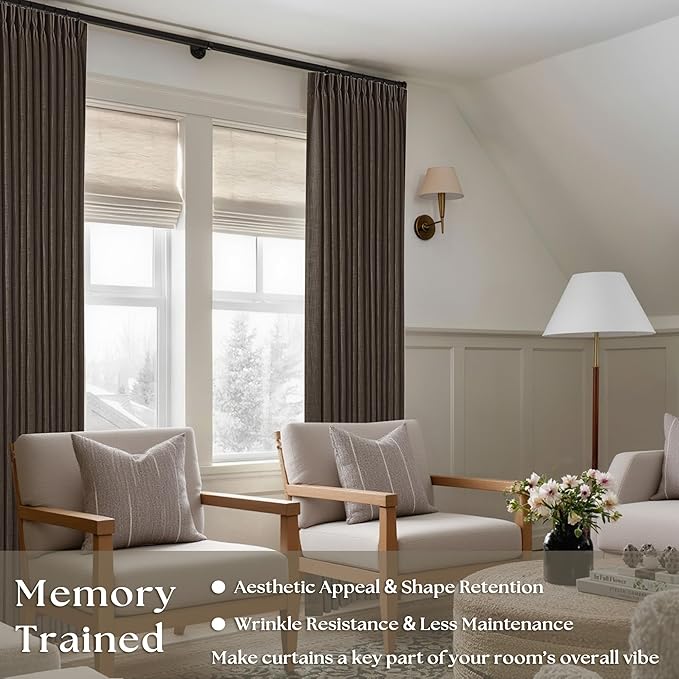 Dark Chocolate 102 Inch Pinch Pleated Semi Sheer Linen Curtains 2 Panels | for Living Room Bedroom, Memory Training Shaped, Light Filtering, Pinch Pleat Drapes with Hooks Rings, Window Curtains 40x102