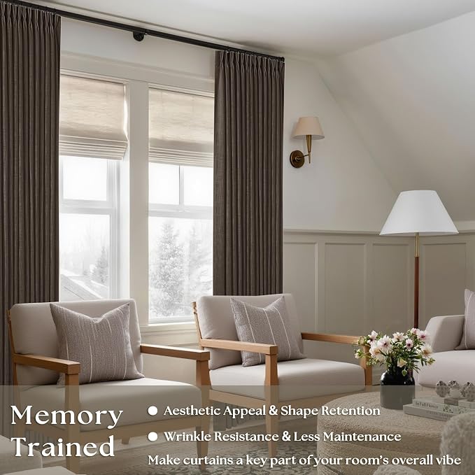 Dark Chocolate 80 Inch Pinch Pleated Semi Sheer Linen Curtains 2 Panels | for Living Room Bedroom, Memory Training Shaped, Light Filtering, Pinch Pleat Drapes with Hooks Rings, Window Curtains 40x80