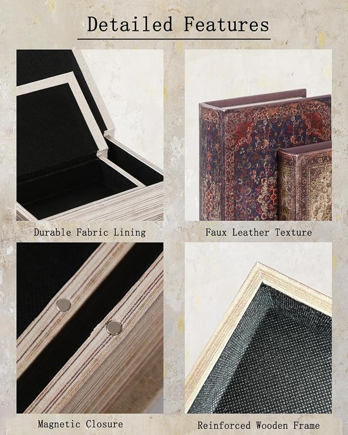 Decorative Wooden Book Box Set of 2 - Vintage Faux Book Boxes for Home Decor, Secret Storage with Magnetic Closure, Antique Style, Persian Rug Pattern Leather Cover, Perfect for Home Office Bookshelf