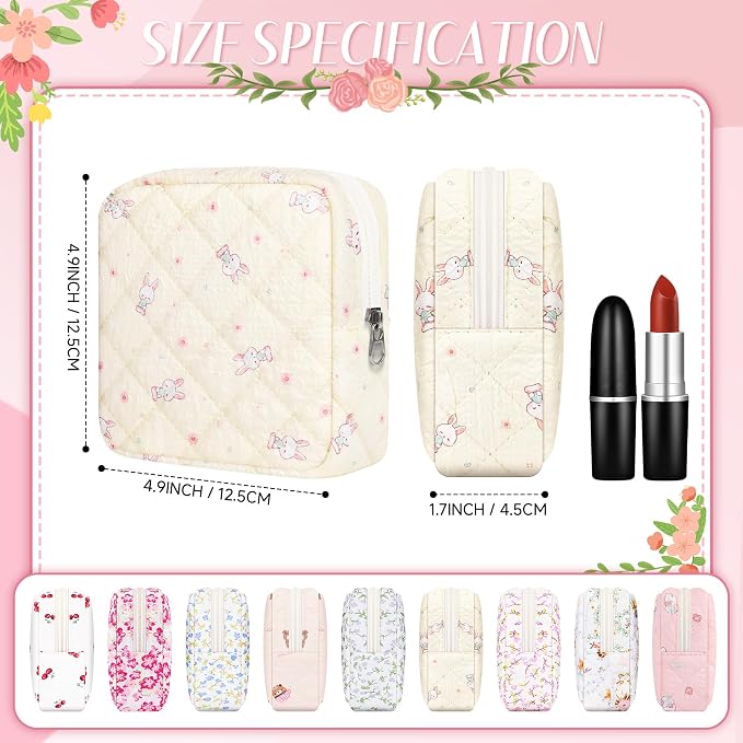 Likesing Quilted Period Bag, Period Pouches for Teen Girls Womens, Portable Floral Print Sanitary Napkin Storage Bag Feminine Emergency Tampon Pad Pouch(Beige Rabbit)