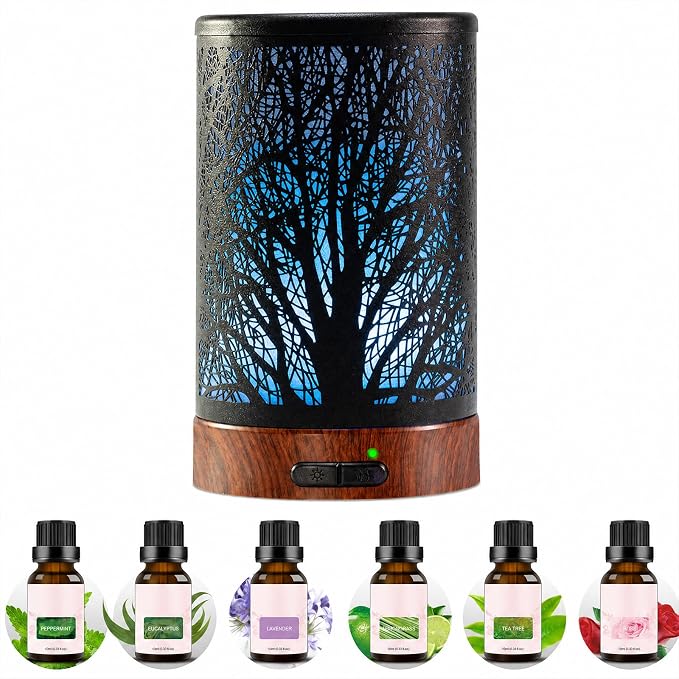 Oil Diffuser & Essential Oils Set - Oil Diffuser 150ml with 6 Essential Oils Set, Aromatherapy Cool Mist Oil Diffusers for Essential Oils, Auto Shut-Off，7 Colors Night Light,Gifts for Mom