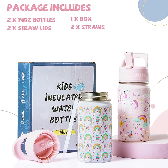 2 Pack Kids Water Bottle,14oz Stainless Steel Insulated Water Tumbler Leak-Proof,School Water Mug,Small and Portable,Suitable for Boys and Girls to Use(White rainbow + Pink unicorn)