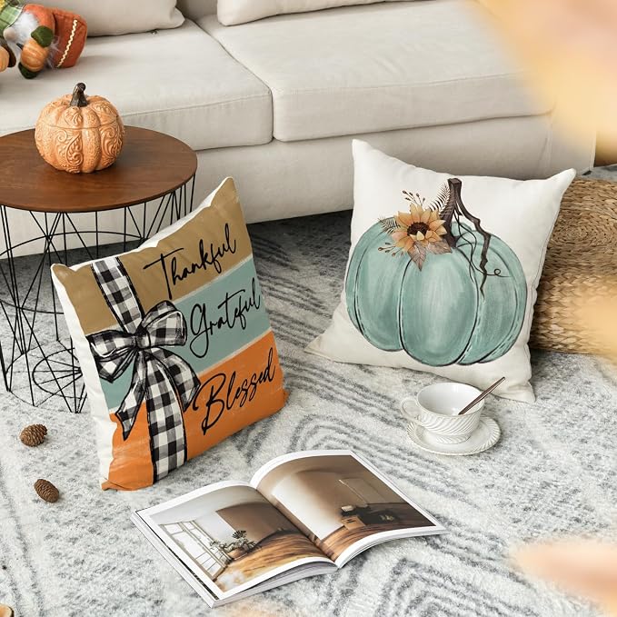 AVOIN colorlife Fall Pumpkin Home Sweet Home Throw Pillow Covers, 16 x 16 Inch Autumn Thankful Grateful Blessed Harvest Floral Decorations for Sofa Couch Set of 4, Blue