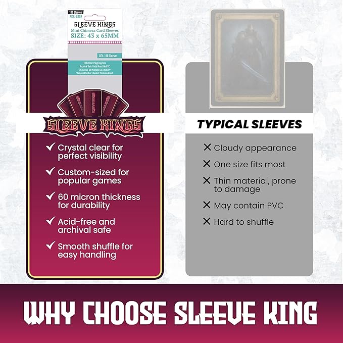 Sleeve Kings Mini Chimera Card Sleeves – 110 Count, Clear 60 Micron Thickness, 43 x 65 mm, Perfect Fit for Shogun, Twilight Imperium 4th Edition & Batman Gotham City Chronicles – SKU: SKS-8802