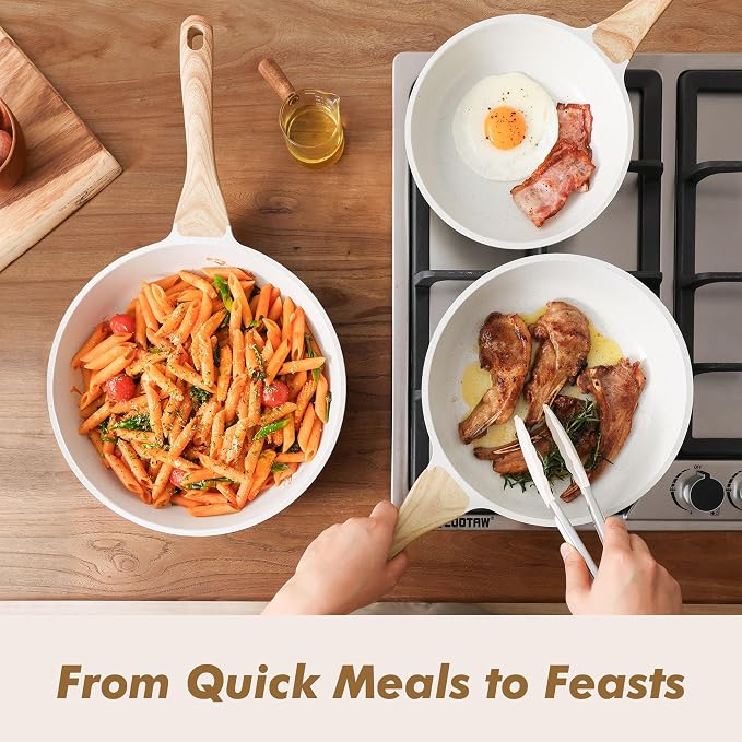 SENSARTE Ceramic Nonstick Frying Pan Skillets, White (8+9.5+11 Inch) | Healthy ceramic nontoxic coating, PTFE & PFAS free. Compatible with all stoves including induction cooktops. Easy to clean.
