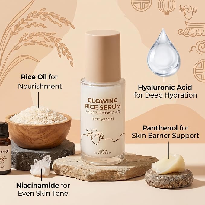 Esfolio made in Korea Rice Serum 1.69 Fl Oz, Lightweight Facial Serum with Rice Extract, Fast Absorbing Daily Face Serum for Soft and Refreshed Skin, Korean Skincare
