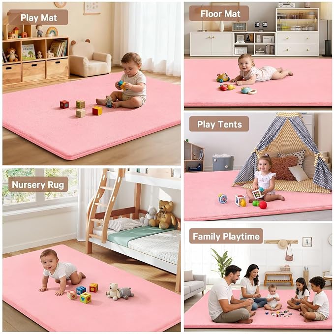 Baby Play Mat for Floor,Ultra Thick Elastic Foam 59"x59" Playmat Tummy Time Muscle Crawling Exercise Activity Cushion Gym Mat Nursery Playroom Area Kids Rug for Babies, Toddlers,Infants,Pink