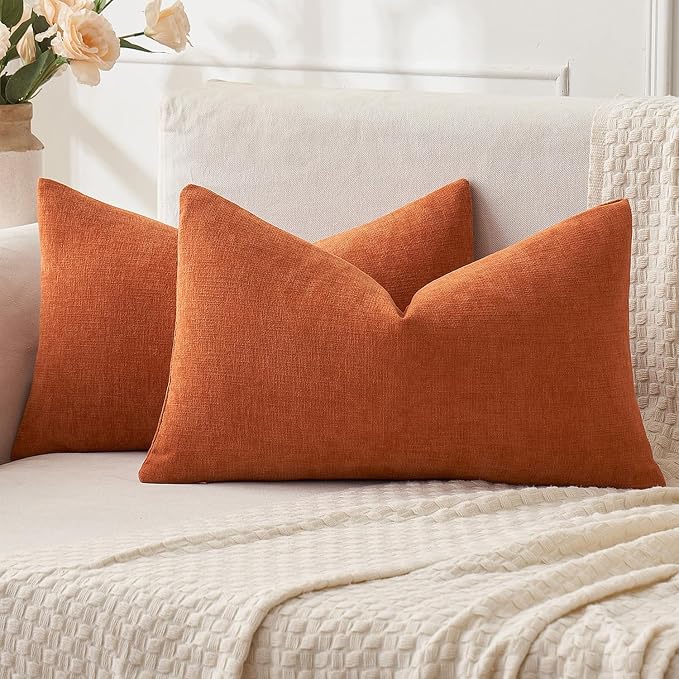 MIULEE Halloween Fall Burnt Orange Chenille Lumbar Pillow Covers, 12x20 | Set of 2, Soft Farmhouse Modern Home Decor, Decorative Pillowcases for Sofa Living Room Bed
