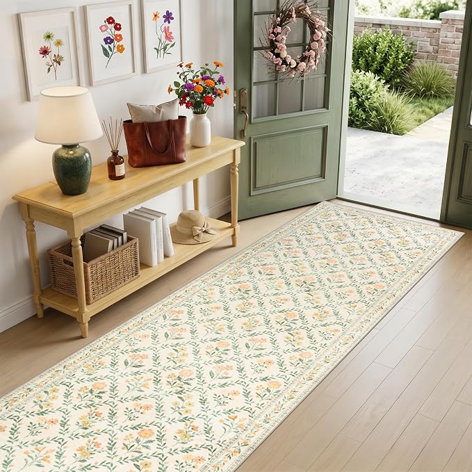 Runner Rug for Entryway: 2.6x10 Kitchen Rugs Non Slip Washable Ultra-Thin Soft Floral Carpet Indoor Floor Stain Resistant Carpets for Hallway Bedroom Kitchen Laundry Bathroom Dorm Beige/Multi