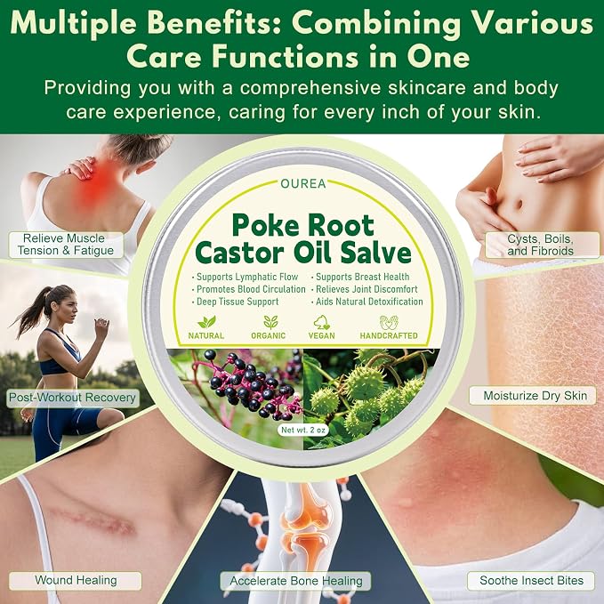 Poke Root Castor Oil Salve, Organic Lymphatic Support Massage Balm, Deep Tissue Ointment for Cyst, Boils, Breast, Fibroids, Swollen Lymph Nodes & Joint, Natural, Vegan - 2 Oz