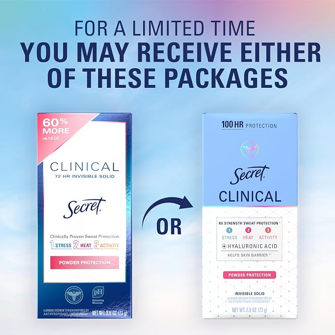 Secret Clinical Strength 100HR Sweat & Odor, Invisible Solid Antiperspirant Deodorant for Women, 3X Stress Protection with Hyaluronic Acid, PH Balanced, Powder Protection Scent, 2.6 oz (Pack of 12)