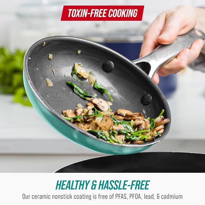 Blue Diamond 8" Diamond Infused Ceramic Nonstick Frying Pan, Turquoise | PFAS-Free Ceramic Nonstick Skillet, Dishwasher & Oven Safe, Stay Cool Handle, Durable Metal Utensil Safe, Egg & Omelet Pan