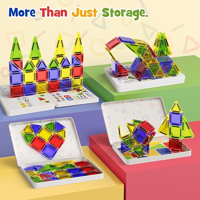 Portable Magnetic Tiles for Kids Travel - 40pcs STEM Building Blocks with Visual Storage Guide & Metal Box Play Base, Toddler Airplane Activities Toys for Ages 3-5,4-8, Compact Travel Toys