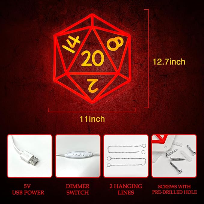 Dice Neon Signs for Wall Decor,Cool Dimmable Dungeons and Dragons Dice Game LED Sign,13x11 inch USB Powered Dimmable Neon Light for Man Cave, Game Room, Bedroom, Party Decoration Gifts